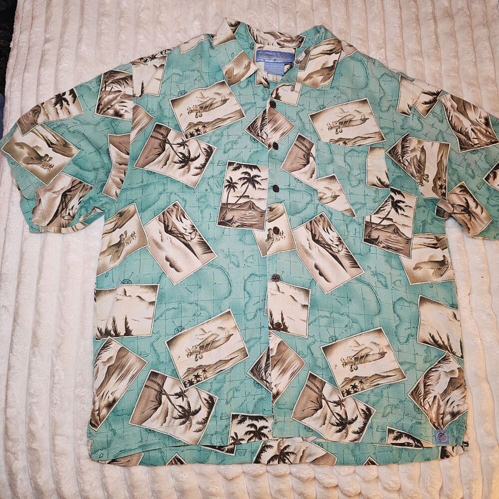 Bermuda Bay Mens Hawaiian Shirt Aloha Teal Brown 100% Silk XL